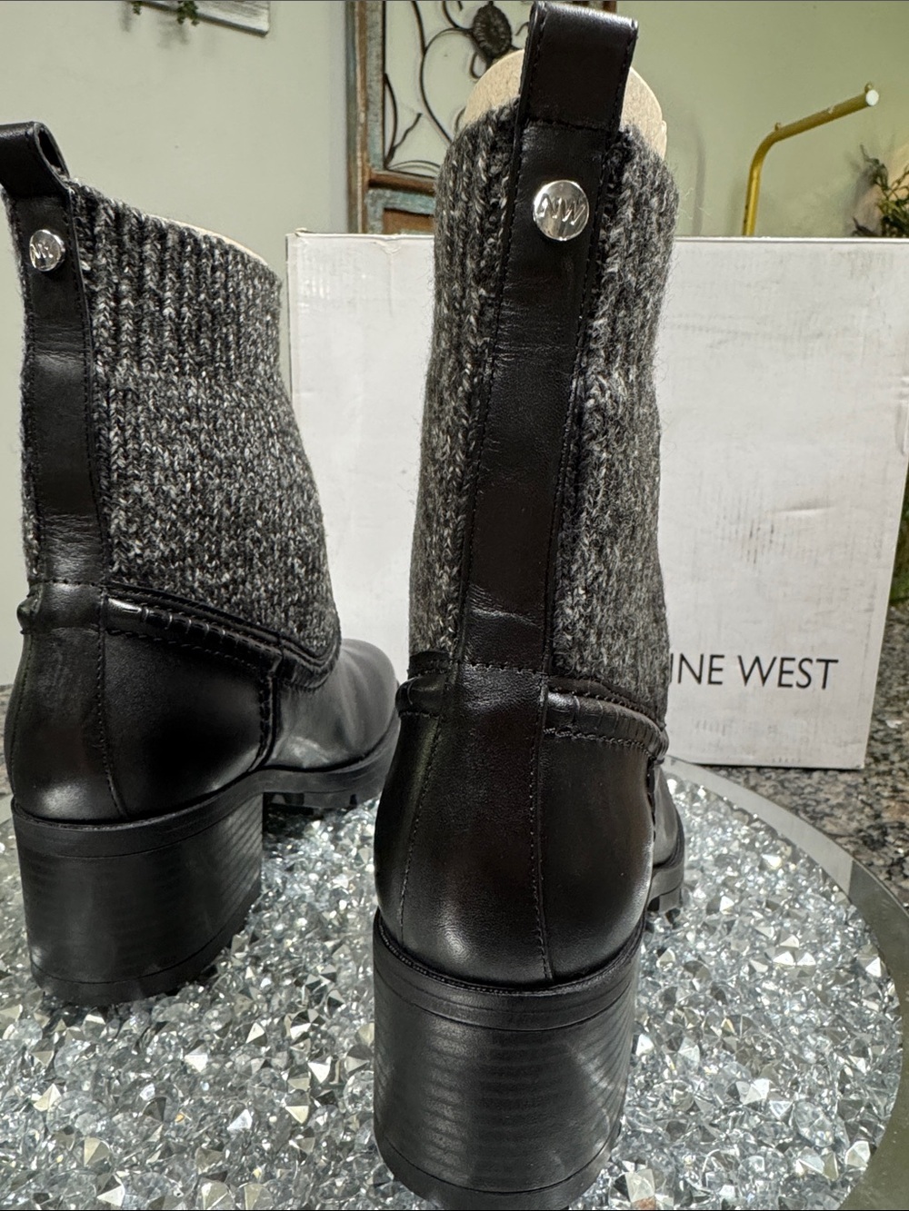 Nine West Black leather Ankle Boots with Gray Knit Cuff NWT 8.5 - Picture 3 of 13